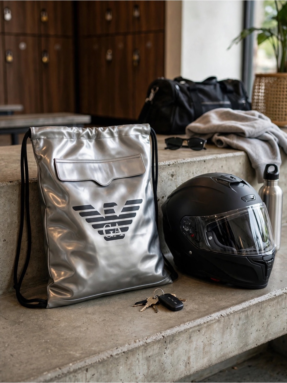 Emporio Armani Metallic Silver Drawstring Backpack with Black Logo